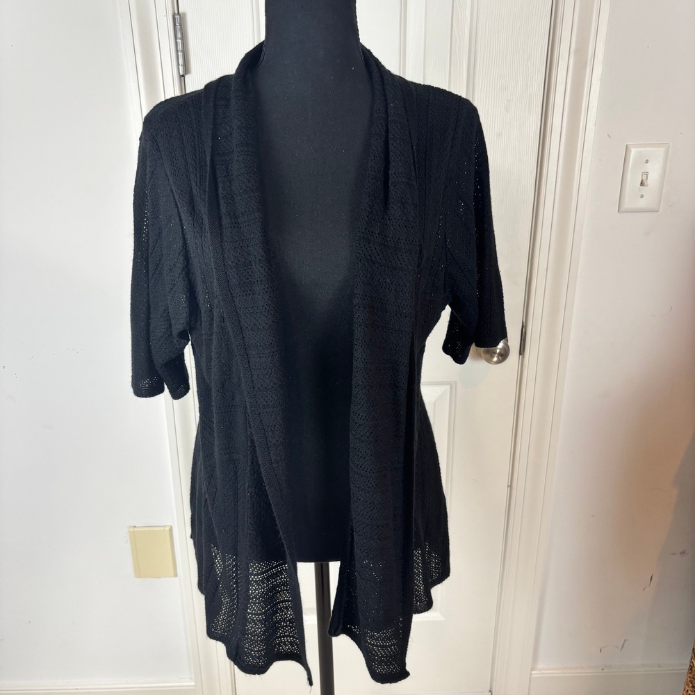 Notations Womens XL Black Open Front Cardigan Short Sleeve Pointelle Knit USA